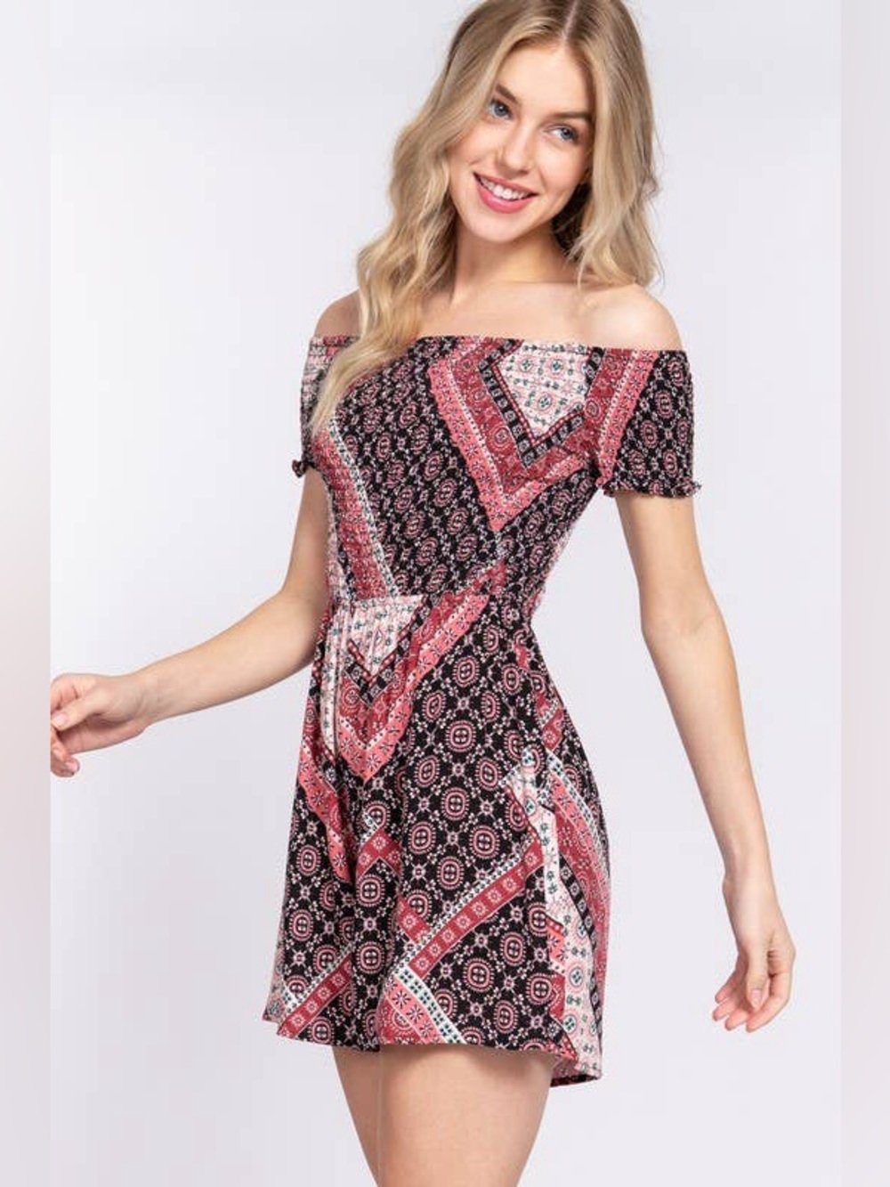 Active USA Off-Shoulder Romper in Pink and Black Patch Print